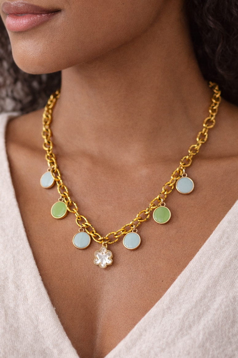 Collier acier inoxydable doré waterproof CYANORA femme pastilles bleu ciel fleur cristal

