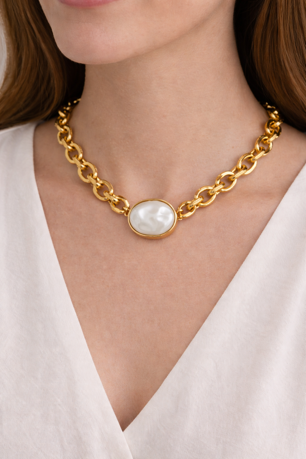 Collier acier inoxydable doré waterproof ILYA femme maillons larges nacre véritable

