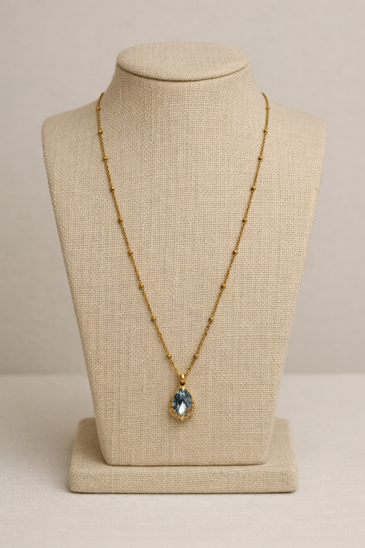 Collier acier inoxydable doré waterproof JASMINE femme goutte cristal bleu chaîne perlée

