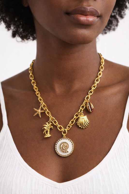 Collier acier inoxydable doré waterproof MARUA femme pendentifs marins nacre irisée bohème chic