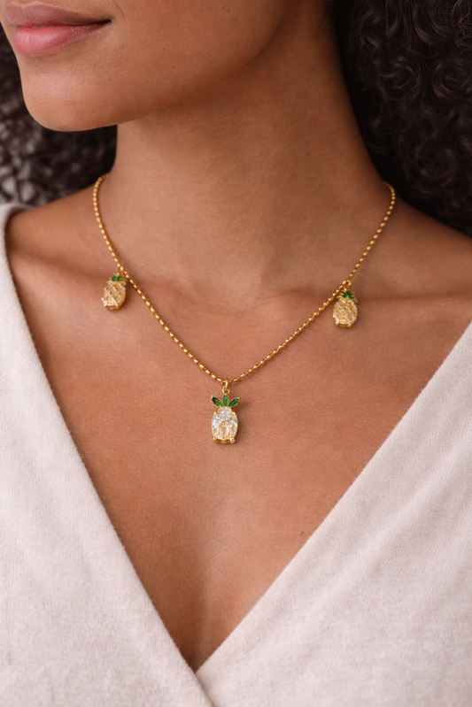 Collier acier inoxydable doré waterproof PINEAPPLE femme charms ananas cristaux