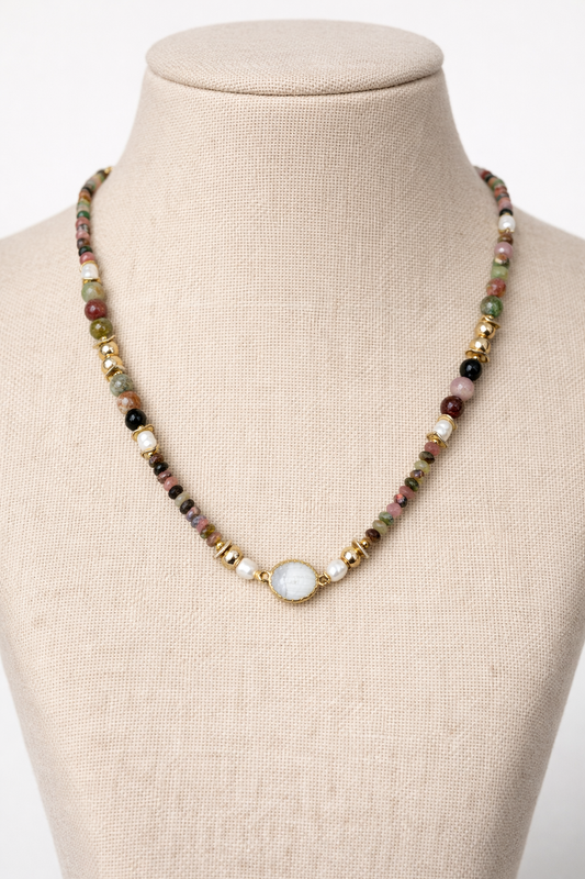 Collier SELYRA femme pierres semi‑précieuses nacre pierre de lune artisanal