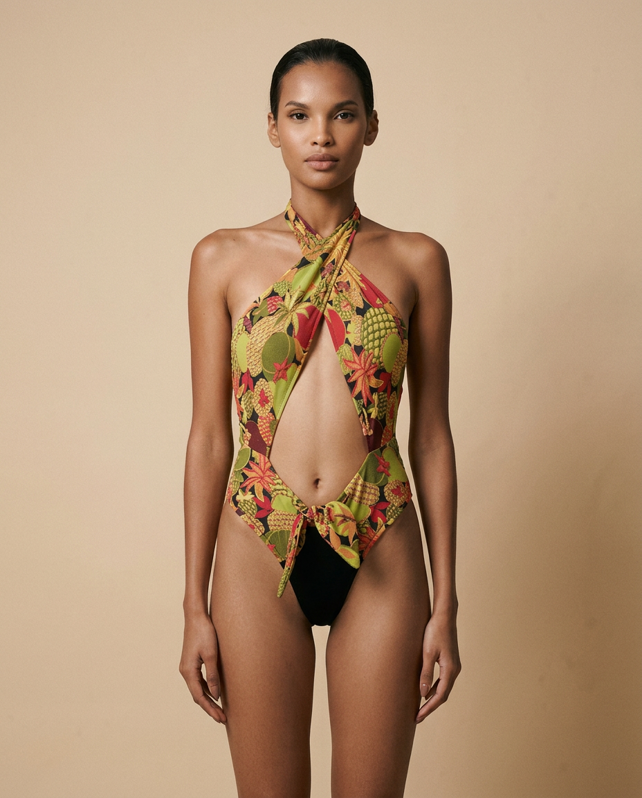 Maillot de bain 1 pièce Aranxia Tuttifrutti WI-PARIS avec imprimé fruits exotiques, coupe croisée nouée à la nuque et nœud amovible.