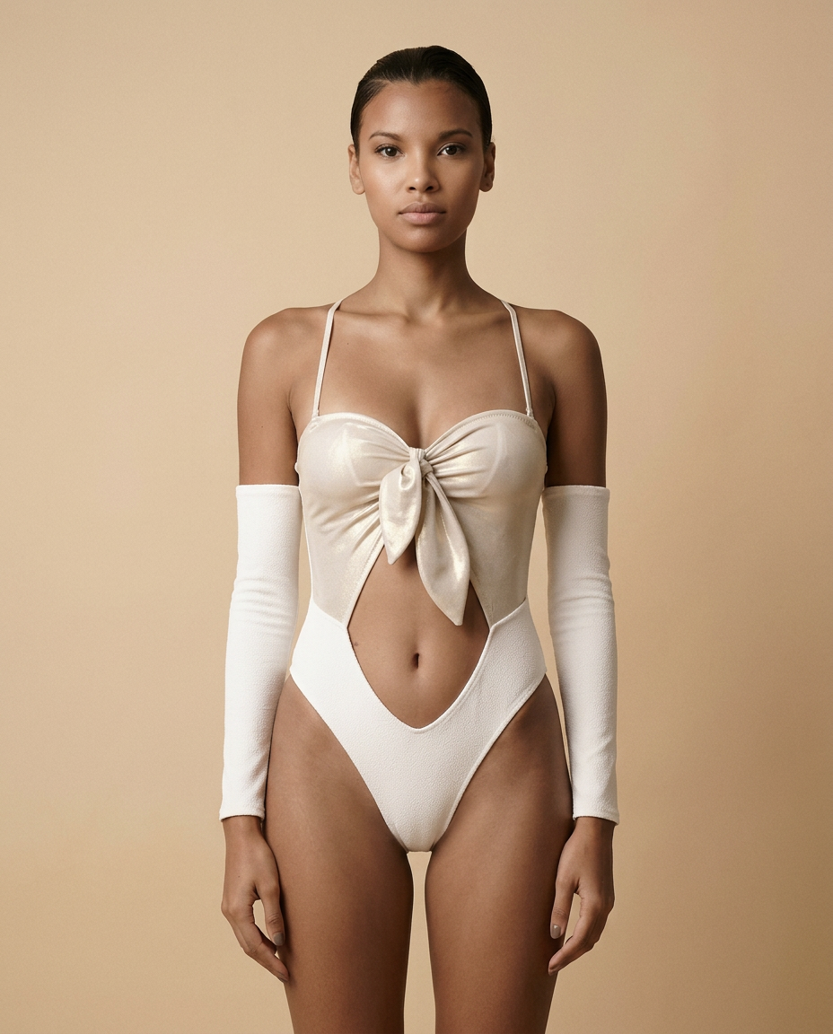 Maillot de bain 1 pièce bustier Cylia Gold WI-PARIS blanc irisé avec ouverture devant, nœud poitrine et bretelles amovibles.