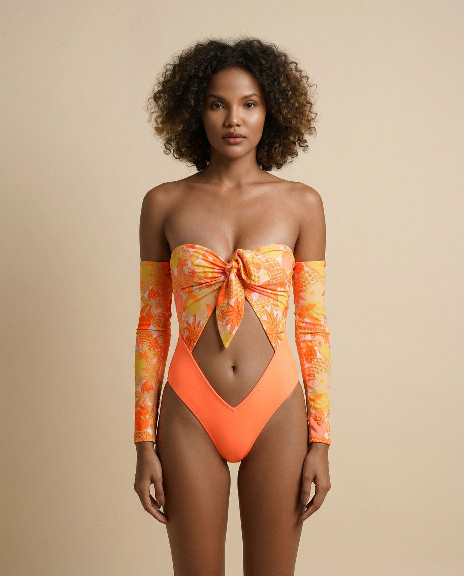 Maillot de bain 1 pièce bustier Cylia Tuttifrutti WI-PARIS avec ouverture devant, nœud poitrine et imprimé fruits exotiques coloré.