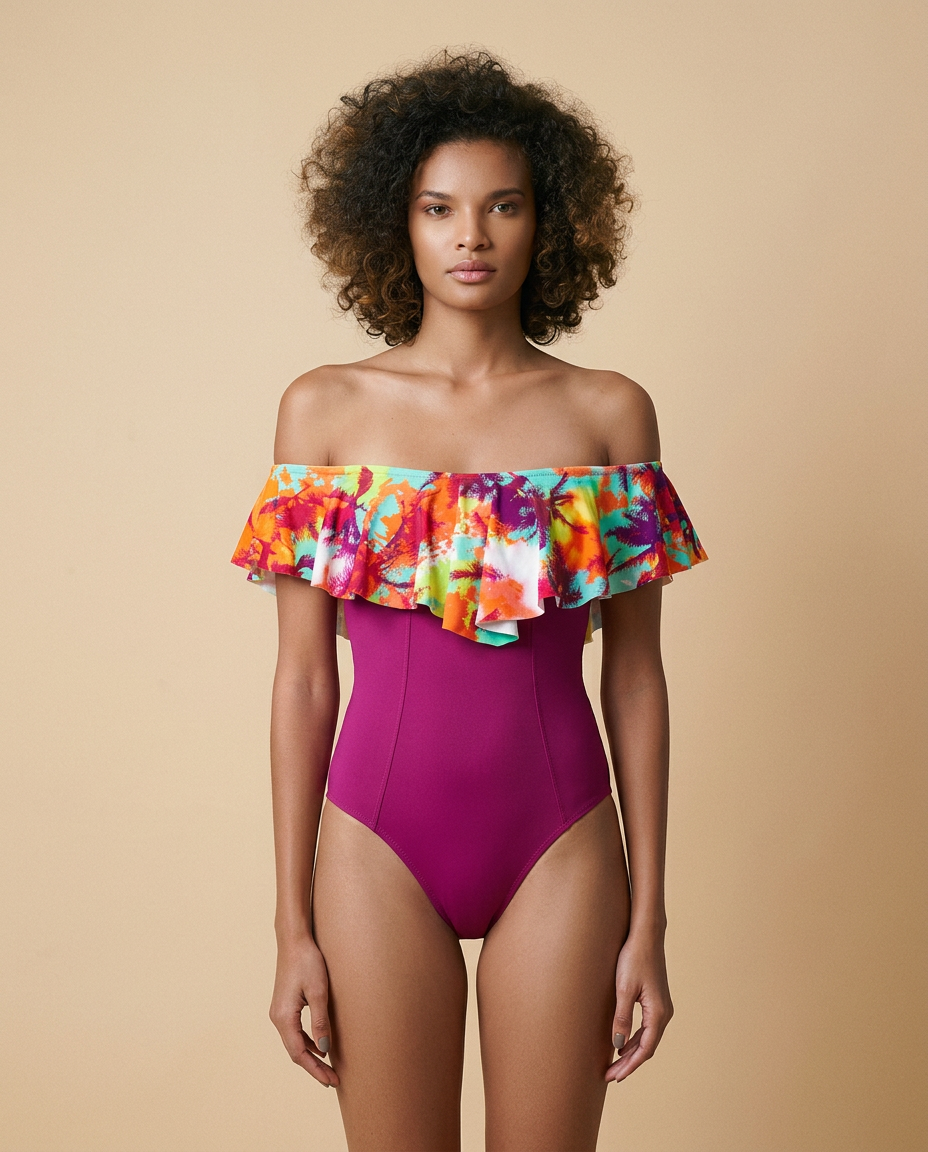 Maillot de bain une pièce Parisa Coco Purple WI-PARIS en lycra peau douce avec volant tropical et encolure bateau