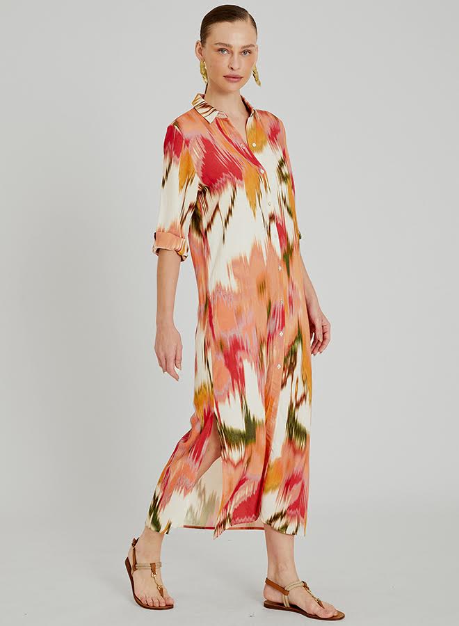Robe chemisier Aral Lenny Niemeyer en coton et viscose avec imprimé multicolore, coupe ample, manches 3/4 et rabat au dos.
