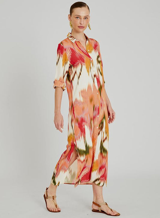 Robe chemisier Aral Lenny Niemeyer en coton et viscose avec imprimé multicolore, coupe ample, manches 3/4 et rabat au dos.