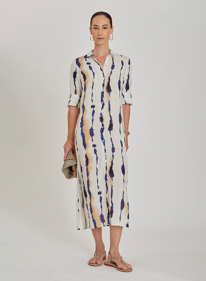 Robe chemisier midi Dune Lenny Niemeyer en viscose et lin avec imprimé marine sur fond blanc cassé, manches 3/4 et fentes latérales