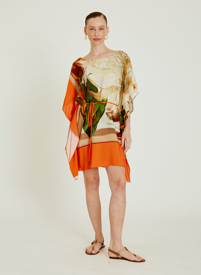 Robe kaftan Mandacaru Lenny Niemeyer en viscose avec imprimé artistique sur fond orange Kinkan, encolure arrondie et taille réglable