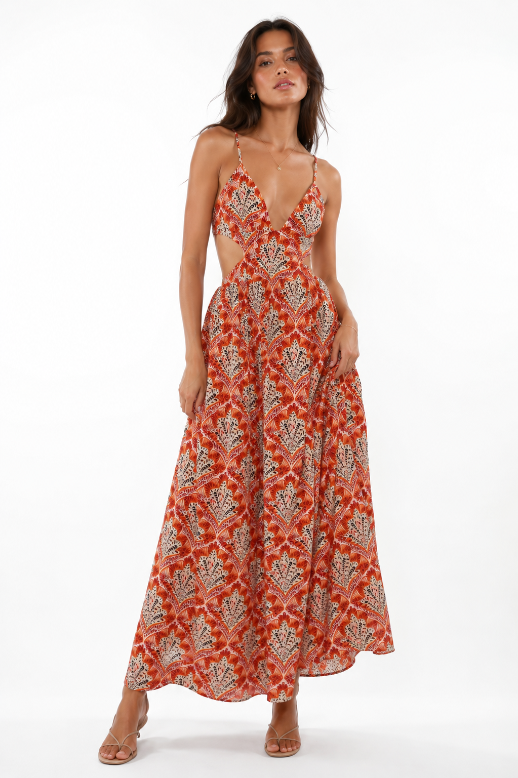 robe longue BLÉ ISADORA imprimé terracotta découpes taille femme