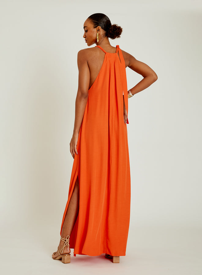 Robe longue Kinkan Lenny Niemeyer en viscose orange vif avec liens à l’encolure, coupe fluide et fentes latérales