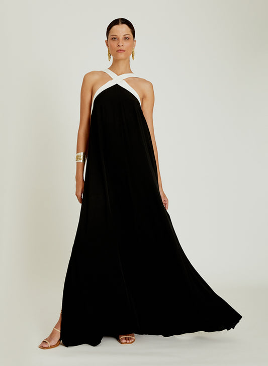 Robe longue noire Lenny Niemeyer en viscose crêpe avec bordure croisée blanc cassé et coupe fluide élégante
