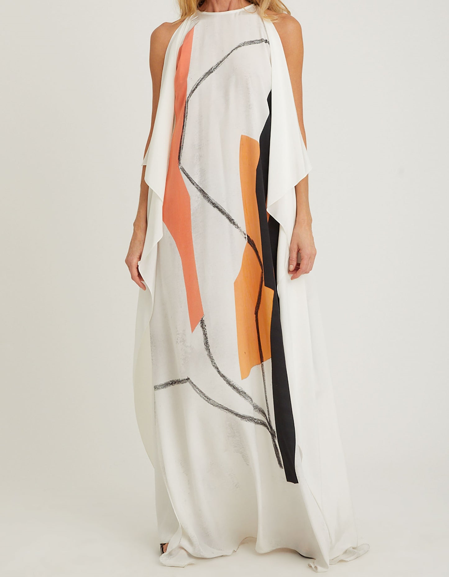 Long silk halterneck dress abstract