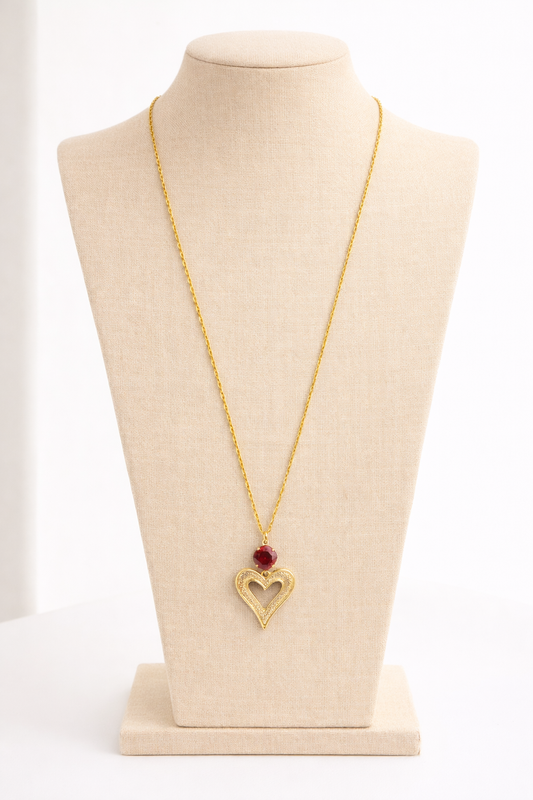 Sautoir acier inoxydable doré waterproof ISALANI femme cœur ajouré cristal rouge