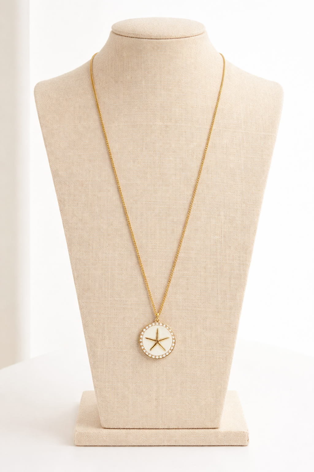 Sautoir acier inoxydable doré waterproof femme médaillon étoile fond nacré