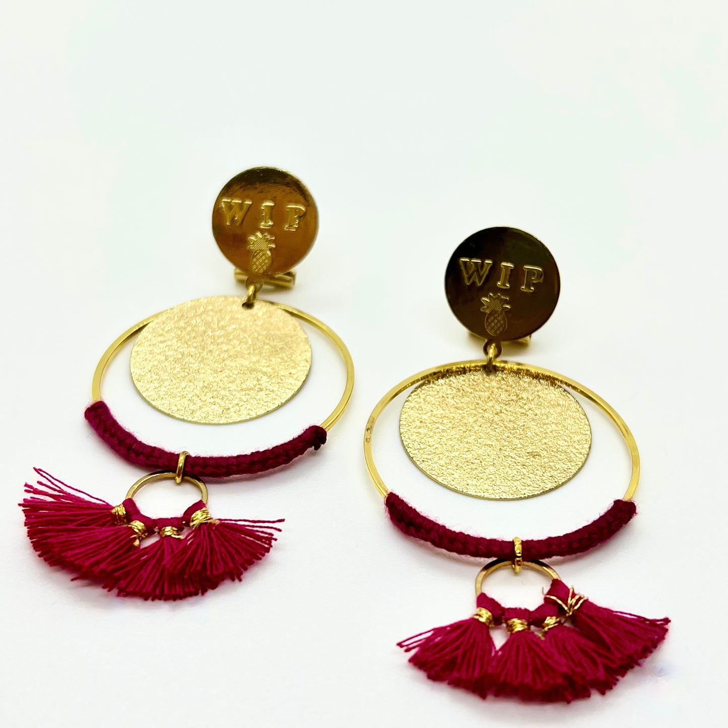 Burgundy circle tassel earrings