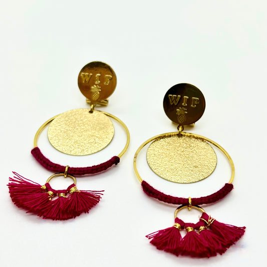 Burgundy circle tassel earrings