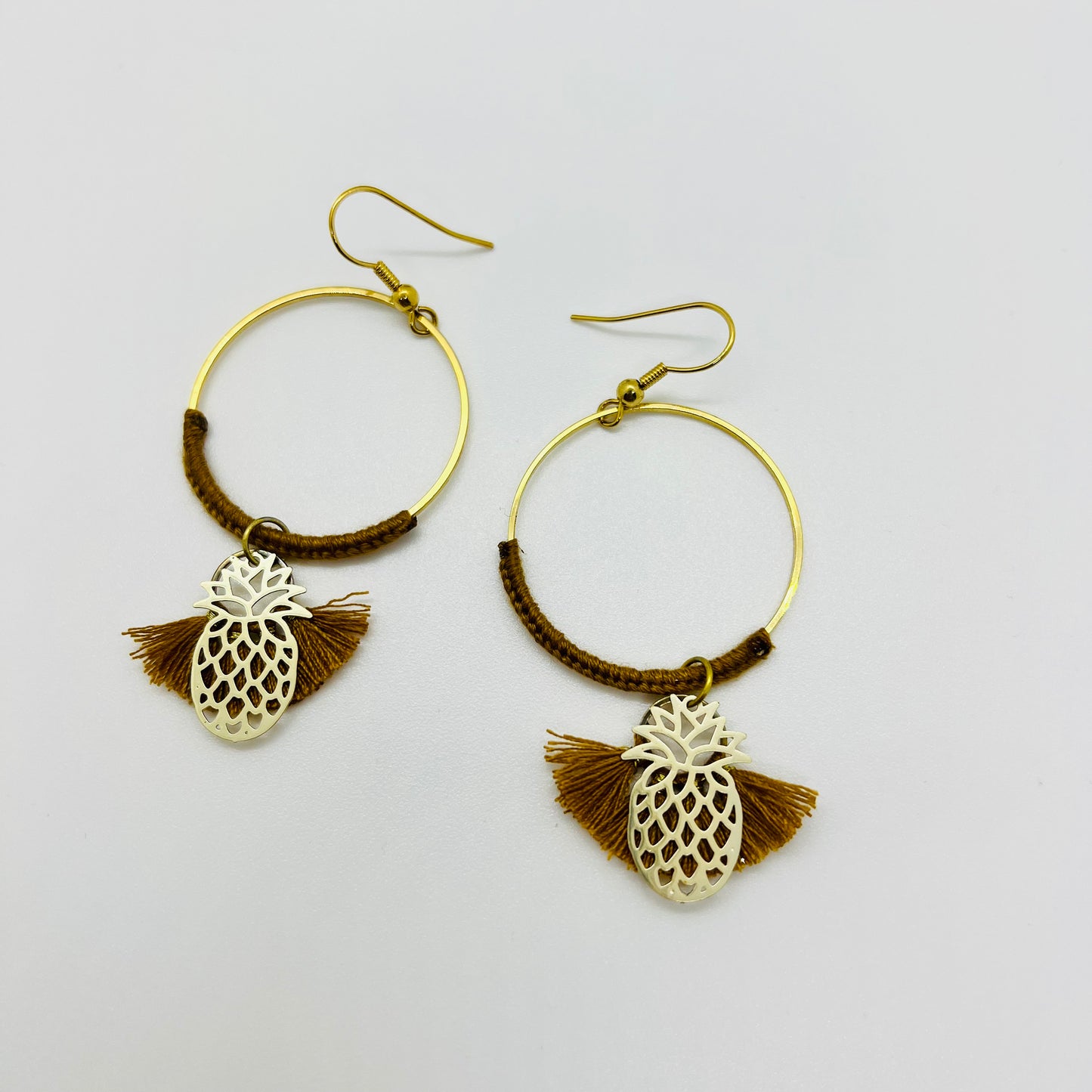 Ocher pineapple pompom circle earrings