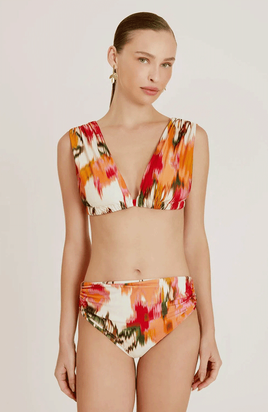 Bas de bikini taille haute Aral Lenny Niemeyer avec imprimé multicolore et volants latéraux, coupe modulable confortable.